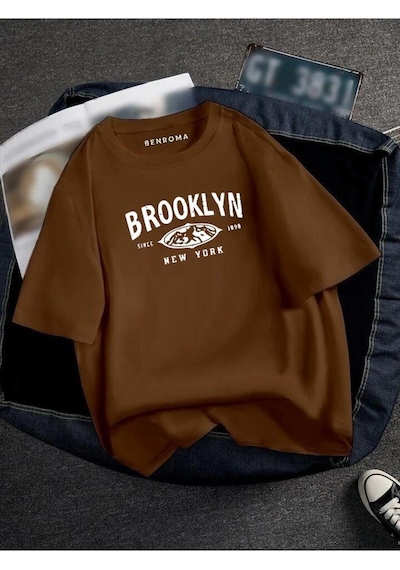 Oversıze Brooklyn Baskılı Unısex Tisort Baskılı Kahverengi