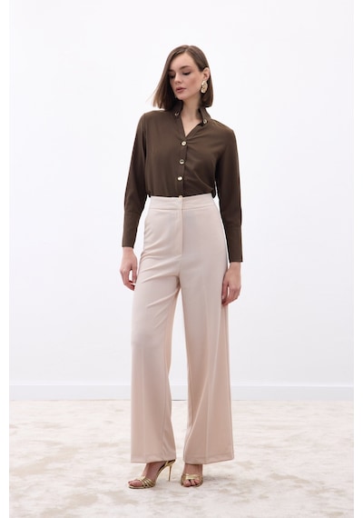 Sateen Palazzo Krep Pantolon - Taş-136714 Taş