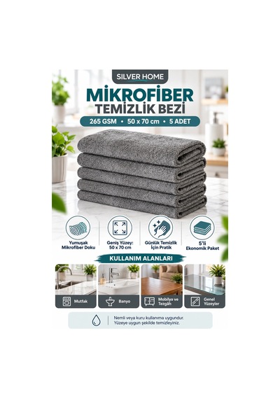 Silver Home 265 Gsm Havlu Gri Mikrofiber Temizlik Bezi 50x70 Cm 5 Adet
