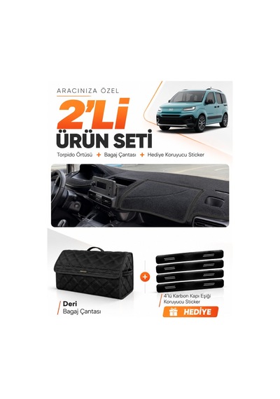 Fiat Doblo 2023-2026 Uyumlu Torpido Örtüsü + Deri Bagaj Çantası + Sticker Seti - Siyah