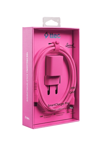 Ttec Smartcharger Gan 20W PD Seyahat Hızlı Şarj Aleti+USB-C-Lightning 120 CM Kablo Neon Pembe