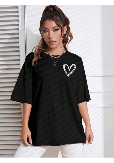 Kalp Logo T-shirt - Siyah Baskılı Oversize Bisiklet Yaka Kısa Kol Tişört Siyah