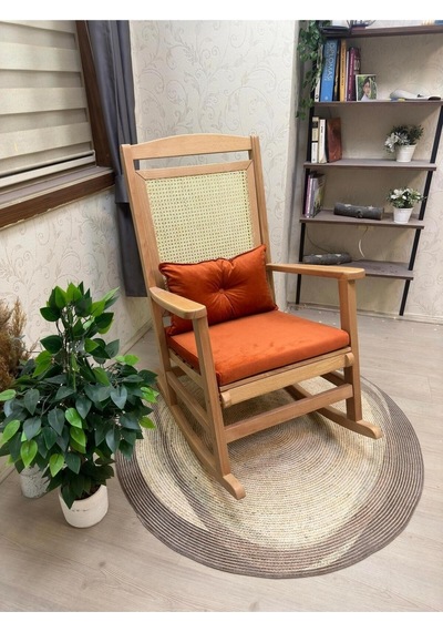 Asedia Veranda Naturel Turuncu Minderli Hasırlı Sallanan Sandalye Dinlenme Koltuğu