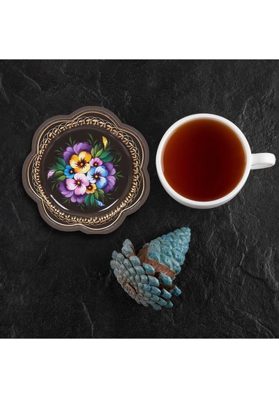 Valerine Life Sarı Mavi Mor Menekşeli Yıkanabilir Kaydırmaz Ofis Çay Ve Fincan Bardak Altlığı 10x10cm 6 Adet Siyah