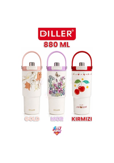 Dıller Tumbler 880 Ml Tek Kapak Çift Kullanım Pipetli/pipetsiz Taşıma Kulplu Çelik Termos-ffd9505-880ml Mor