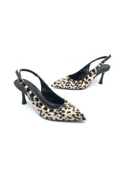 Feles Zımba Şerit Detaylı Arkası Açık Stiletto Kadın Topuklu Ayakkabı Leopar
