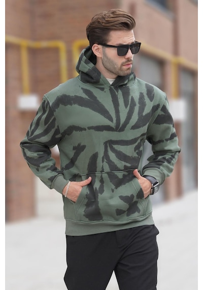 Madmext Haki Kapüşonlu Cep Detaylı Baskılı Erkek Sweatshirt 7087 Haki