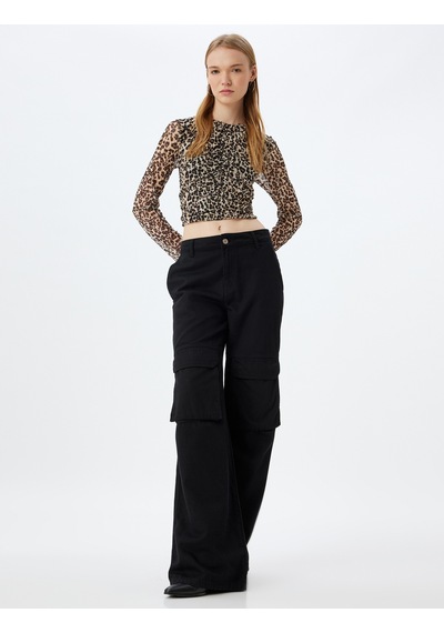 Koton Leopar Tül Bluz Crop Uzun Kollu Bisiklet Yaka Büzgülü Bej Desenli 5wal60024ık Ekru