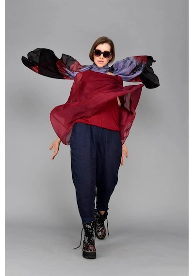 Bohem Stil İtalyan Yarasa Kol İpek Bluz & Pantolon Takım-8767 Bordo