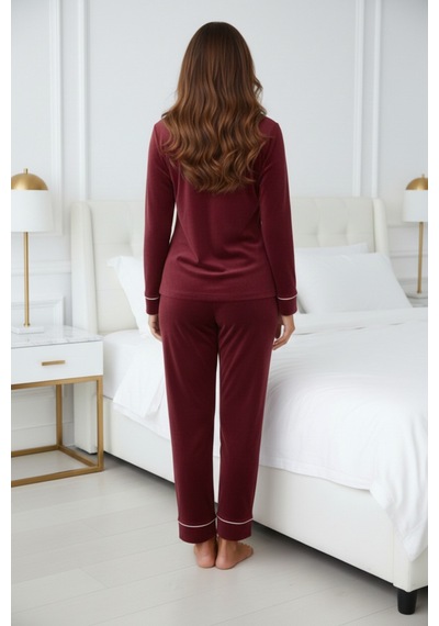 Kadın Kadife Boydan Düğmeli Şerit Detaylı 2'li Pijama Takım Bordo