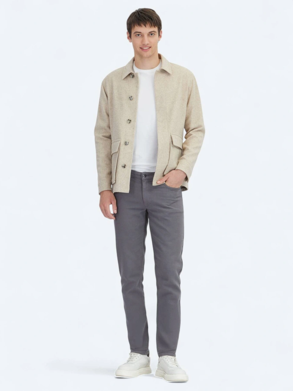 Kip Bej Oversize Fit Dokuma Yün Karışımlı Overshırt Bej