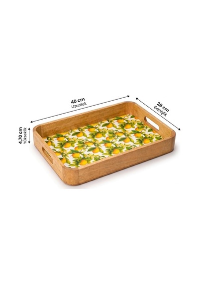 Tr Mango Ağacı Dikdörtgen Servis Tepsisi, 40 X 28 X 4,70 Cm Limon Desenli Ahşap Sunum Tepsisi, Yüksek Kenarlı Kahv