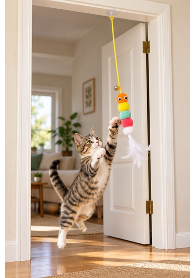 Kedi Oyuncağı Kapıya Asılan Vantuzlu İpli Çıngıraklı Tüylü Ponponlu Zıplama Ve Avlanma Oyuncağı