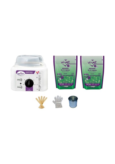 Depi Roll Jupiter Ağda Makinesi + Vi-Vet Granül Azulen Ağda 250 G x 2 + Cezve + Spatula x 5 + Eldiven