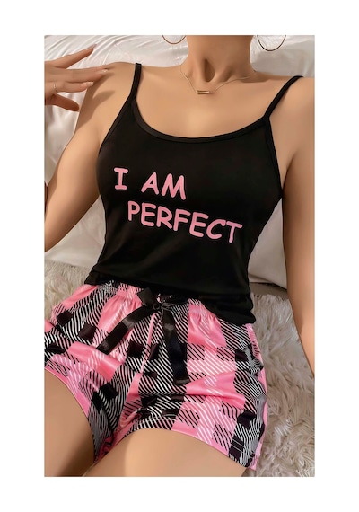 Mr Owl Kadın Siyah Kare Desenli Askılı Şortlu Pijama Takımı