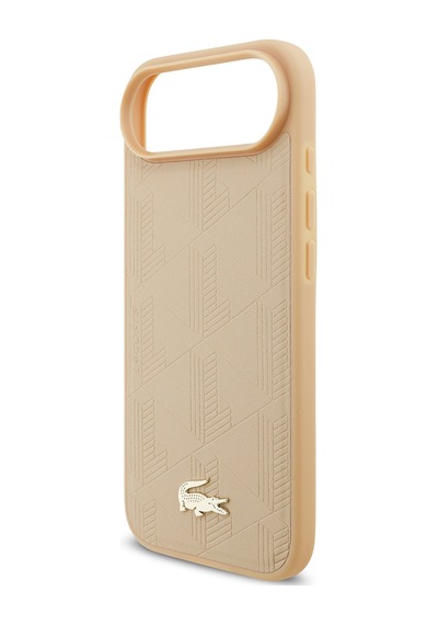 Apple Uyumlu iPhone 17 Air Kılıf Lacoste Lisanslı M-safeli Pu Deri Tasarımlı Karışık Monogram Desenli Kapak Bej Bej