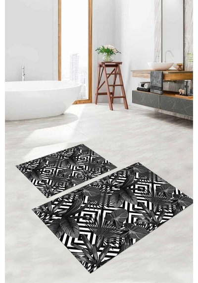 Buççin Online Mağaza Dijital Baskılı Yıkanabilir Klasik Çiçek Desenli Banyo Paspası Klozet Takımı Polyester Gri Çok Renkli