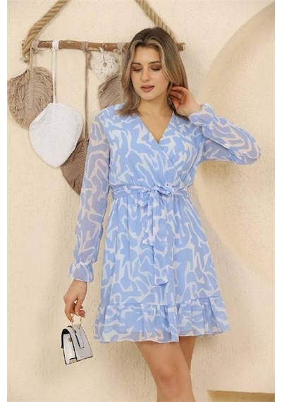 Neşeli Butik Kadın Desenli Mini Şifon Elbise Rssn37 - Mavi Mavi