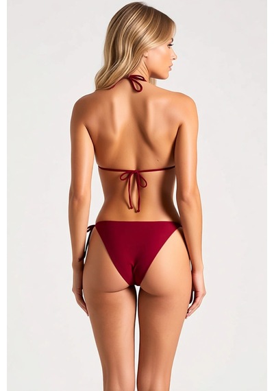 Benerly Kadın Bikini Takımı Üçgen Kaplı Halter Yaka Bağlamalı Yan Detaylı Bordo