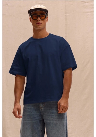 Erkek %100 Organik Pamuklu Kalın Dokulu Comfort Fit Bisiklet Yakalı T-shirt Lacivert