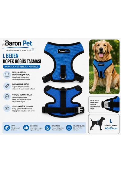 Köpek Göğüs Tasması L Beden 65-85 Cm Nefes Alabilen File Reflektörlü - Mavi Çok Renkli