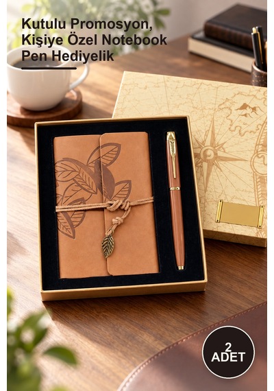 2 Adet Taba Deri Defter Ve Kahverengi Metal Kalem Seti Kutulu Promosyon, Kişiye Özel Notebook Pen Hediyelik 1