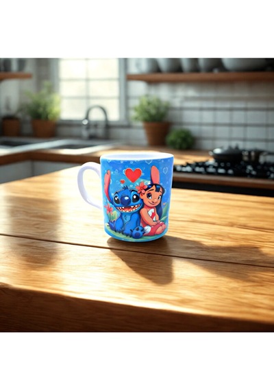 Lilo & Stitch Temalı Kalpli Lilo Ve Stitch Çift Baskılı Seramik K Beyaz