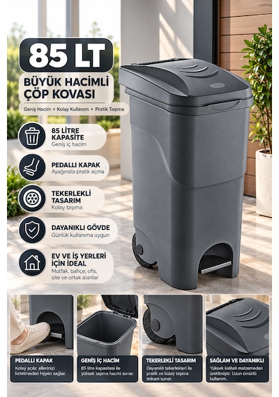 Porsima 1150 85 Lt Tekerlekli Pedallı Çöp Kovası - Büyük Boy Mutfak, Bahçe Ve Banyo Çöp Konteyneri Koyu Gri / Antrasit