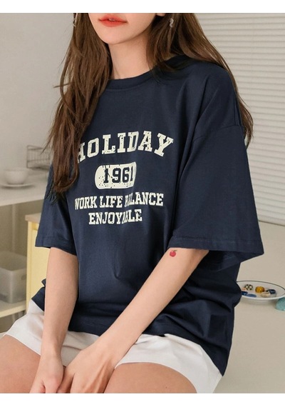 Flood Of Style Kadın Lacivert Holiday 1961 Baskılı Oversize T-shirt