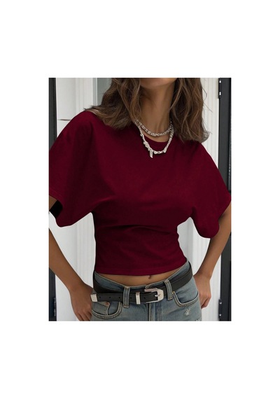 Cool Tarz Kadın Yarasa Kol Belden Oturtmalı Pamuklu T-shirt Bordo Bordo
