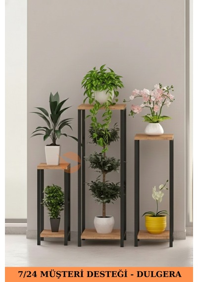 Flora Dekoratif 3'lü Metal Çiçeklik Saksı Standı & Yan Sehpa Seti - Modern Bahçe Balkon Çiçek Rafı - Çam