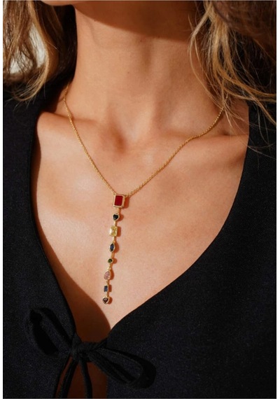 Lunarie Çok Renkli Taşlı Vintage Y Kolye 14k Gold Farklı Kesim Altın