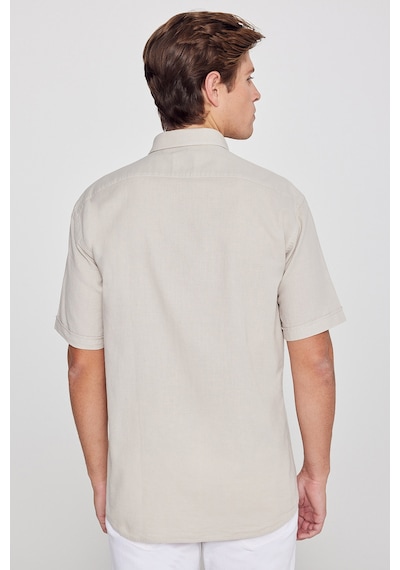 AC&Co / Altınyıldız Classics Erkek Bej %100 Pamuk Comfort Fit Rahat Kesim Düğmeli Gömlek Yaka Armürlü Gömlek Bej