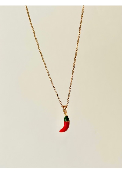 Kadın & Erkek Şık Tasarım Çelik Kırmızı Chili Biber Figürlü Takı Minimalist Şans Kolye Gold