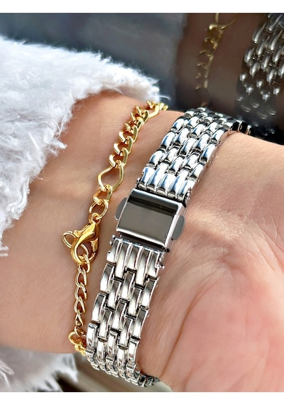 Özel Tasarım Taşlı Minimal Kare Metal Kordon Premium Kadın Kol Saati-bileklik Hediyeli Diğer