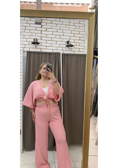 Tuba Toptaş Bağlamalı Gofre Bluz Pembe