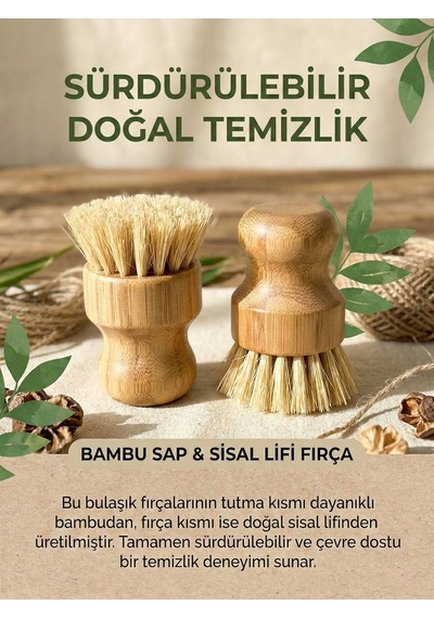 2'li Küçük Bulaşık Fırçası, Ergonomik Bambu Tutma Kısmı, Sisal Lifi Fırça, Güçlü Sürdürülebilir Krem