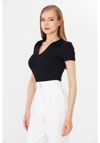 Hdm Kadın Siyah Polo Yaka Fitilli Günlük Bluz - H6038