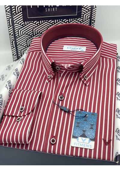 Slim Fit Uzun Kol Premium Kalın Çizgili Yaka Düğmeli Hediye Kutulu Kolay Ütülenebilir Erkek Gömlek Fs-001375 - Bordo-1490