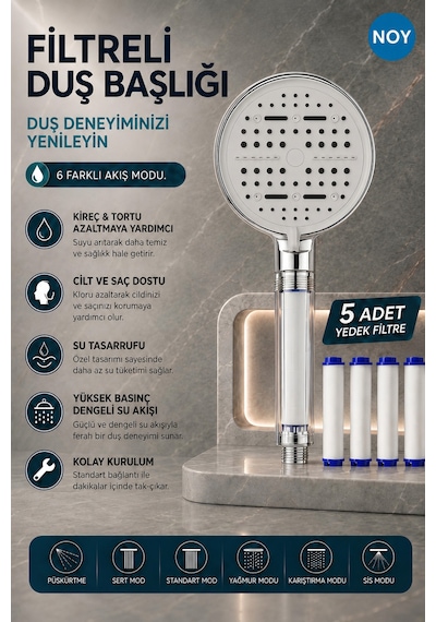 Duş Başlığı Seti Filtreli Duş Başlığı 6 Fonksiyonlu 5 Yedek Filtre Hediyeli Premium Serisi Metalik