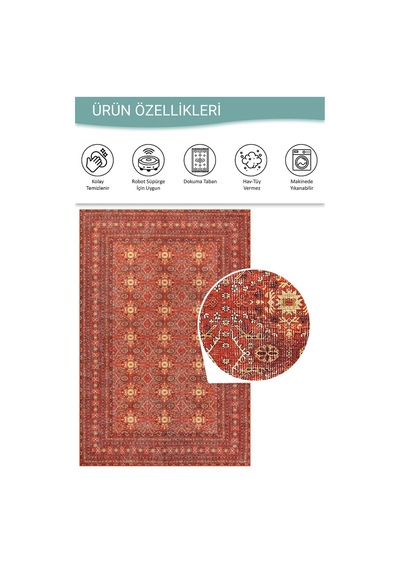 Artloop Relic Kırmızı Vintage Dokulu Geleneksel Desenli Dokuma Tabanlı Şönil Halı Al 474 Kırmızı & Krem