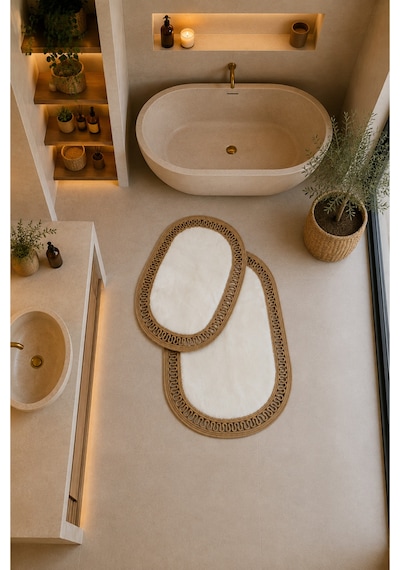 El Yapımı Bohem Banyo Paspası 2'li Peluş Kaymaz Jel Taban 40x60 Cm Ve 60x100 Cm Beyaz