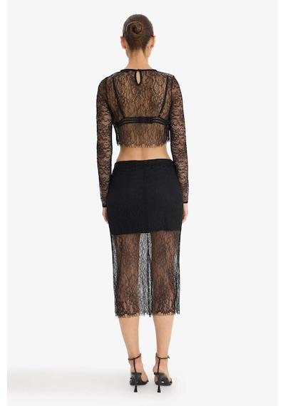 DeFacto Slim Fit Dar Kesim Astarlı Midi Dantelli Etek E0465AX24AUBK81 Siyah