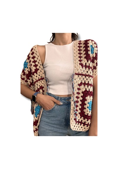 El Yapımı Bağlamalı Uzun Bohem Granny Square Kadın Yelek