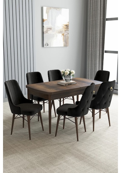 Zümra Serisi, Barok Ahşap Desen 80x132 Açılabilir Mdf Mutfak Masası Takımı 6 Adet Sandalye, Siyah Zümra Serisi, Barok Ahşap Desen 80x132 Açılabilir Mdf Mutfak Masası Takımı 6 Adet Sandalye, Siyah