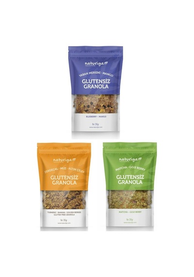 Naturiga Yaban Mersini Mango + Zerdeçal Muz Altın Çilek + Matcha Goji Berry Glutensiz Granola 3 x 250 G