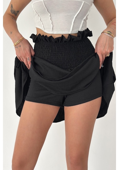 Kadın Katlı Smock Bel Mini Short Etek Summer Layers Siyah