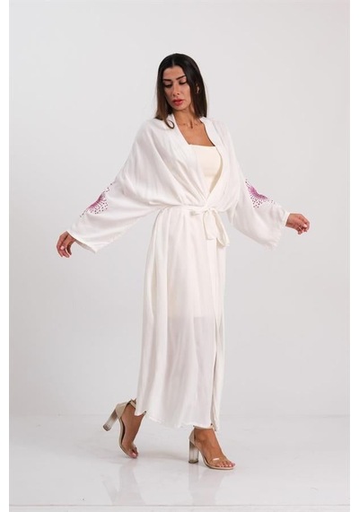 Veraura Lifestyle Beyaz Sırtı Ve Kolları Nakışlı Püsküllü Uzun Kimono