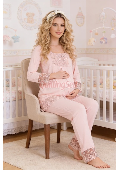 Lady Bebe Pembe Renkli Dantel Detaylı, 33203 Uzun Kol, 2 Parça Lohusa Hamile Pijama Takımı Açık Pembe