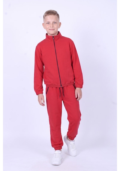 Fyk Kids Erkek Çocuk Dik Yaka Fermuarlı Beli Bağcıklı Lastik Paça Eşofman Takımı Kırmızı